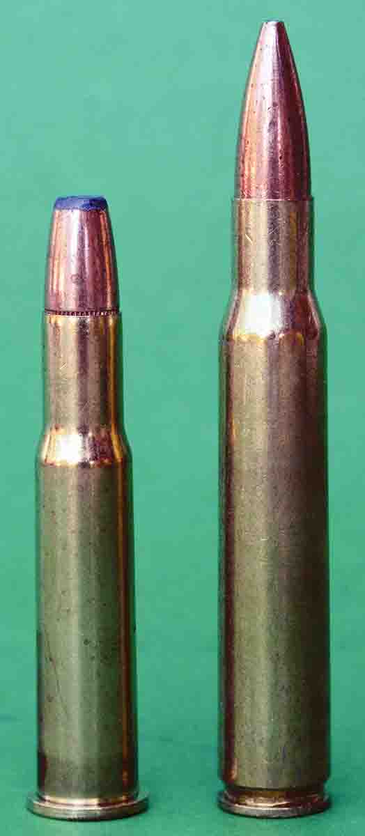 The 30-30 Winchester (left) appeared 11 years before the 30-06 (right). The 30-06 became popular with deer hunters, but it was a military cartridge, while the 30-30 was always intended as a sporting cartridge and was the first sporting cartridge to be loaded with smokeless powders.